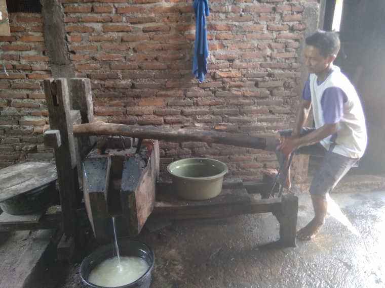 Tape ketan yg sudah terfermentasi diperas airnya dengan alat sederhana