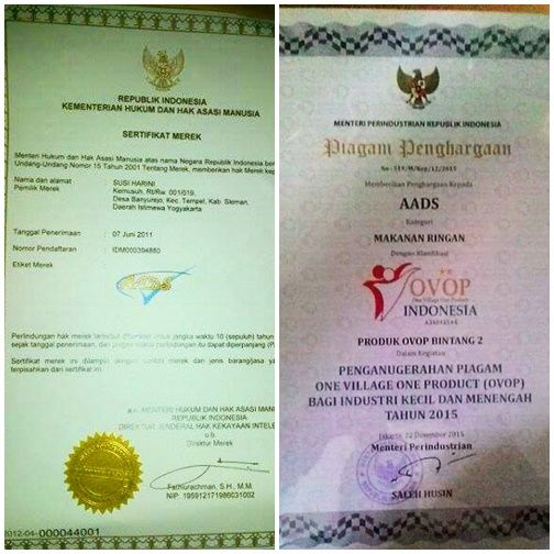 Sertifikat Merk dan Piagam Pengharaan AADS (dok. Susi Harini)