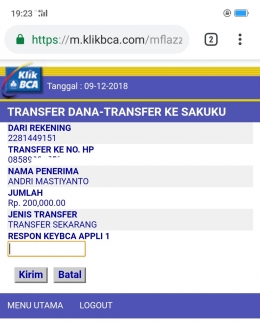 Deskripsi : Transfer Dana dari KlikBCA ke SAKUKU I Sumber Foto : Screenshoot KlikBCA