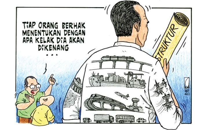 Ilutrasi karikatur Jokowi yang sedang sibuk membangun infrastruktur diberbagai wilayah Indonesia. sumber : harian analisa.