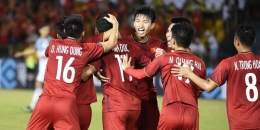 Suka cita pemain timnas Vietnam merayakan gol ke gawang timnas Filipina pada semifinal pertama Piala AFF 2018 di Stadion Panaad, Bacolod City, 2 Desember 2018.| Twitter @affsuzukicup