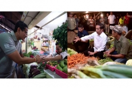 Sandiaga Uno dan Joko Widodo saat blusukan ke pasar.(KOMPAS.com/PRIMA PUTRA dan Biro Setpres)