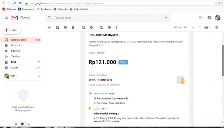 Deskripsi : Perjalanan daku bersama Taxi Online dari Cikeas Udik, Gunung Puteri, menuju Jakarta Selatan I Sumber Foto : dokpri