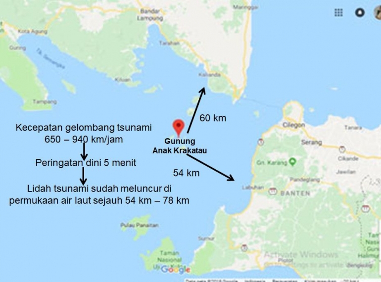 Ilustrasi: Kecepatan tsunami di Selat Sunda (diolah penulis dengan peta dari Google Map)