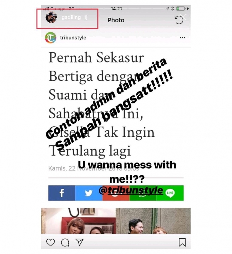 Story Instagram artis Gading Martin yang mengutuk judul pemberitaan Tribunnews.com. sumber: Lambe Turah