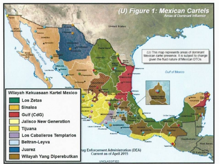 Peta wilayah kekuasaan kartel narkoba di Mexico berdasarkan identifikasi DEA (Sumber : http://www.storybench.org/visualizing-mexicos-drug-cartels-roundup-maps/)