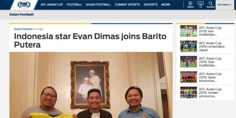 Tampilan Berita Kepndahan Evan Dimas di Laman Fox Sport Asia (Foto : bolasport.com)