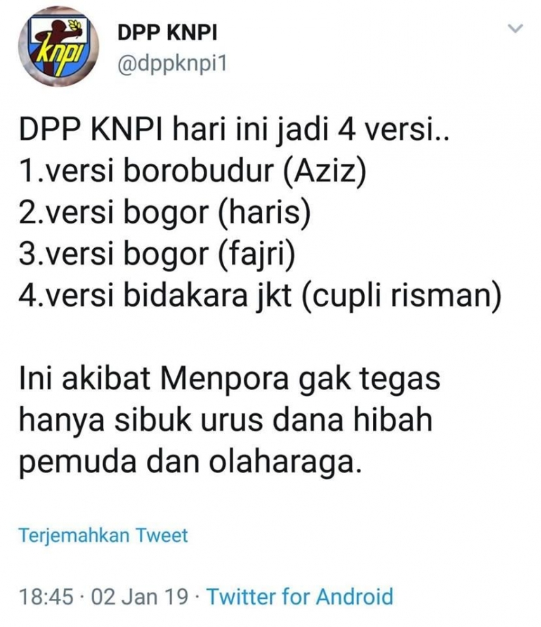 Empat Versi kepengurusan DPP KNPI (Foto : @dppknpi1)