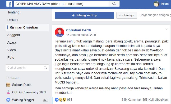 Penuturan korban yang berhasil diselamatkan, Dok. FP Gojek Malang Raya