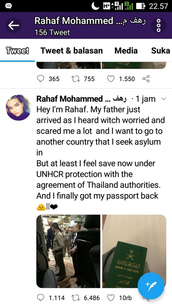 Rahaf Alqunun dengan Drama Pelariannya, (Dok: Capture Twitter)