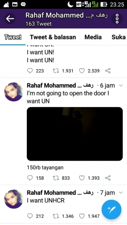 Rahaf Alqunun Menggunakan Twitter untuk memberitakan kondisinya selama terancam deportasi di Bangkok Thailand (Capture dari Twitter, @RahafMuhammed