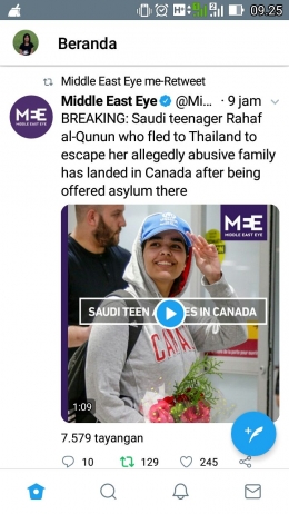 Rahaf tiba di Kanada pada tanggal 12 Januari 2019 dan akan berada disana selama 3 minggu untuk ditinjau (Dok: Twitter @MEE_English)