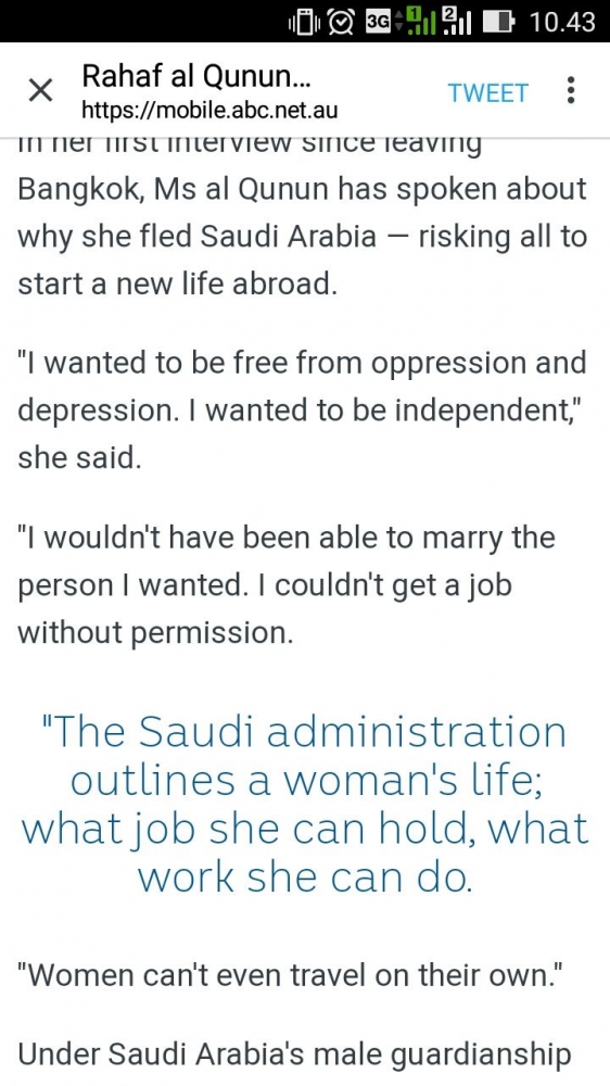 Rahaf Alqunun Mejelaskan alasan kenapa dia kabur dari Keluarganya, salah satunya karena dijodohkan (Dok: ABC News/ Sophie McNeill)