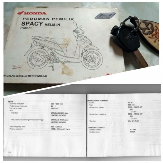Honda SPACY helm-in PGM-FI memiliki perbandingan kompresi 9,2 : 1 yang bisa dilihat dalam buku Pedoman Pemilik (Dok. Pribadi)