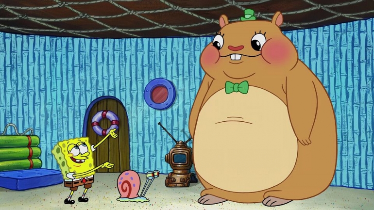 Spongebob dan teman imajinasinya, Cuddle e Hugs. Lihatlah Garry si Sipun yang tak bisa melihat teman imajinasi itu. - (Spongebob Wikia)