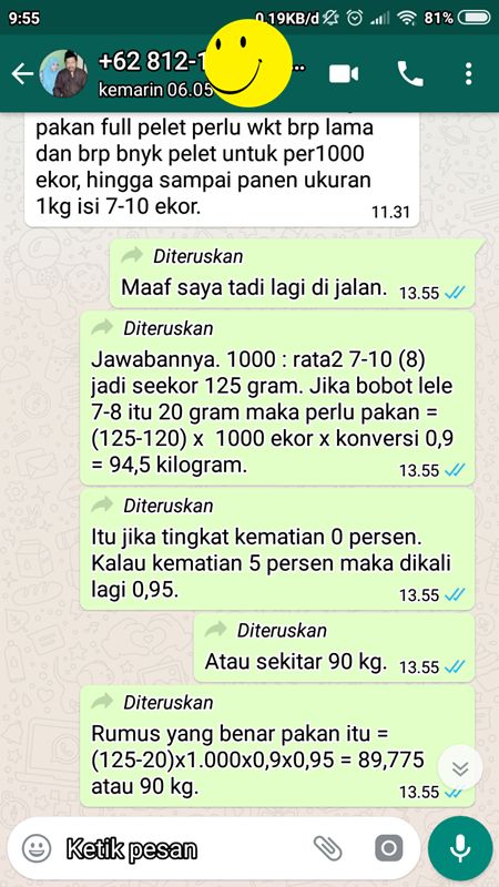 berapa banyak pakan untuk ikan lele 1000 menjadi 1 kg (dokpri)