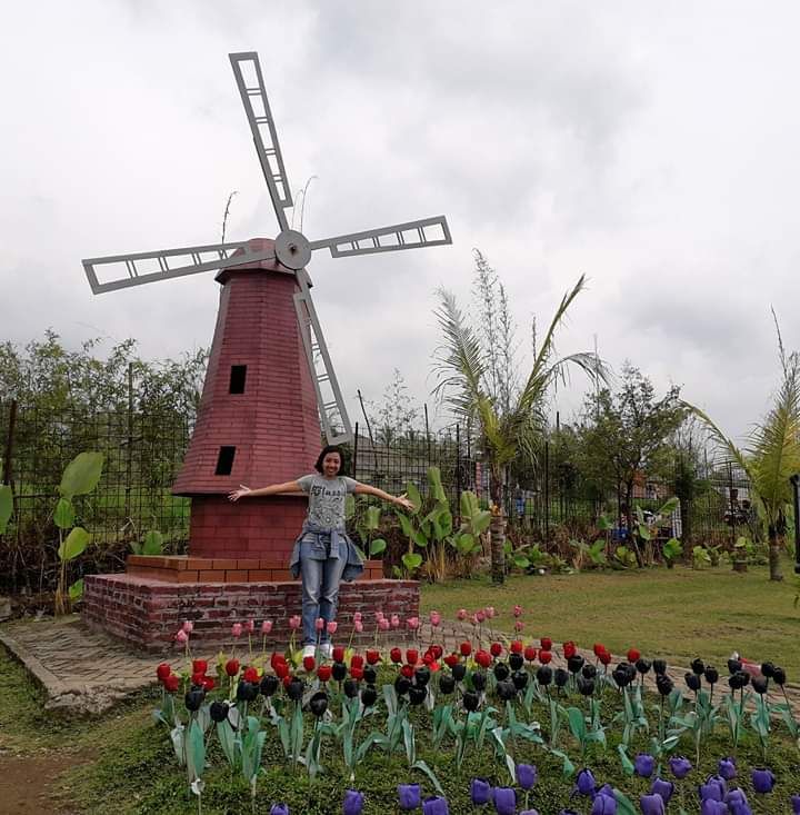Foto penulis artikel di replica Keukenhof park Holland. Replica kebun tulip dan kincir angin Belanda.