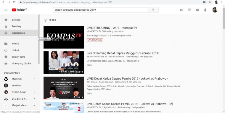 Siaran langsung di Youtube