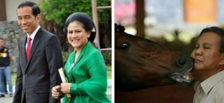 Tampak Jokowi tersenyum bersama istrinya. Sementara Prabowo begitu mesra dicium kudanya.