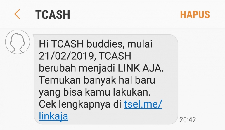 Pemberitahuan yang dikirimkan TCASH kepada pengguna tentang transformasi menjadi LinkAja (dok. pri).