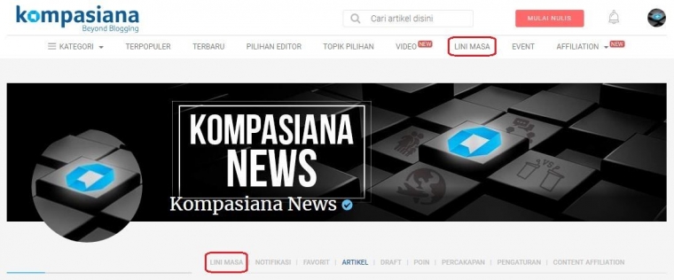 Letak tombol Lini Masa (Kotak Merah) di halaman profil dan header (Kompasiana)