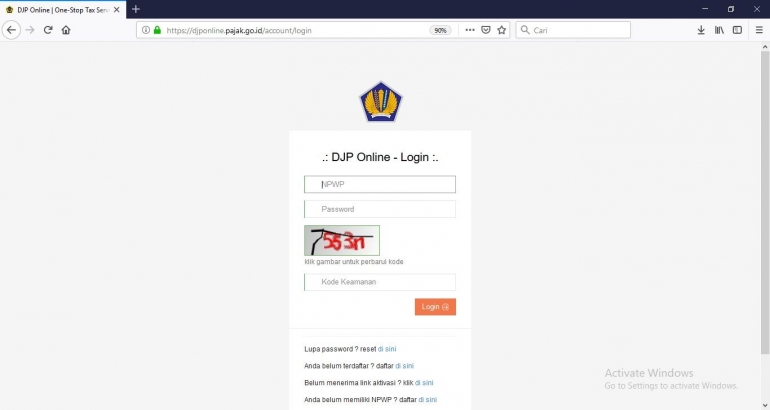 screenshot situs Resmi e-filing https://djponline.pajak.go.id/