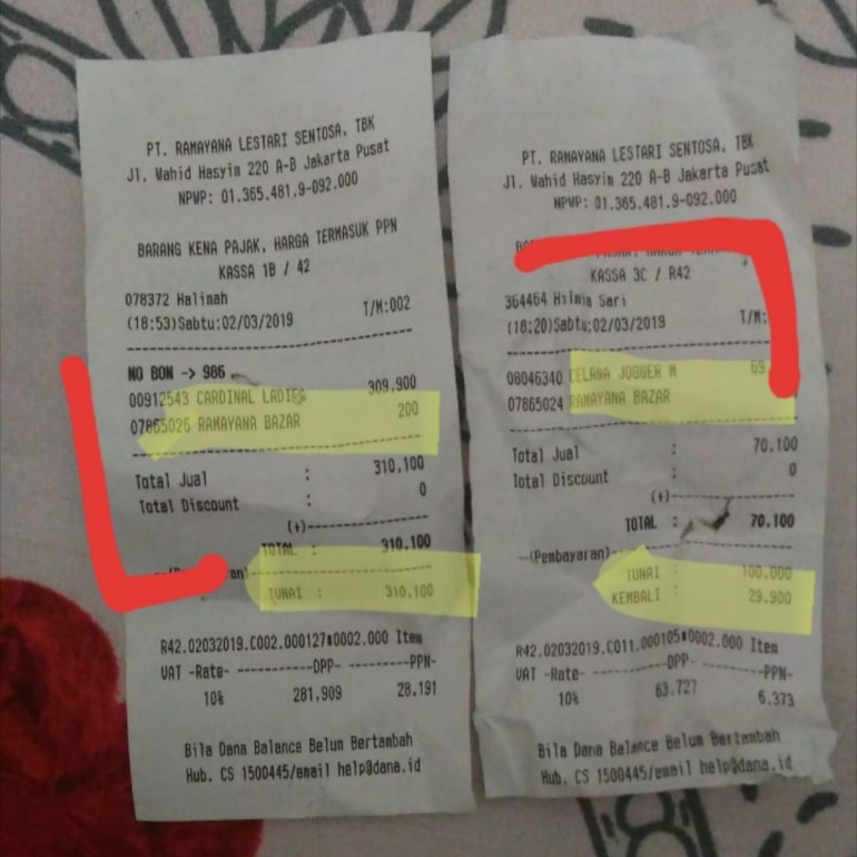Ilustrasi: Struk belanja Ramayana Kantong Plastik besar dan kecil semua Rp.200/pcs. Sumber: Dokumentasi Pribadi