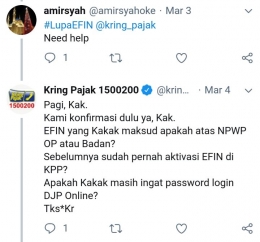 Twit Lupa EFIN mendapat respon cukup cepat. Sumber: twitter @kring_pajak