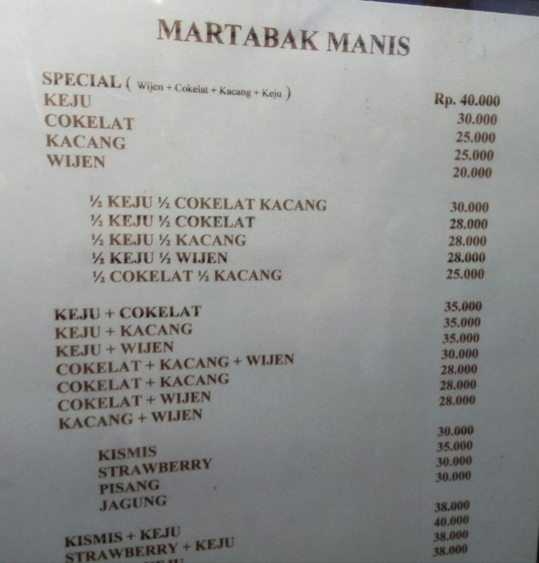 Daftar harga berbagai rasa martabak manis (Dokpri )