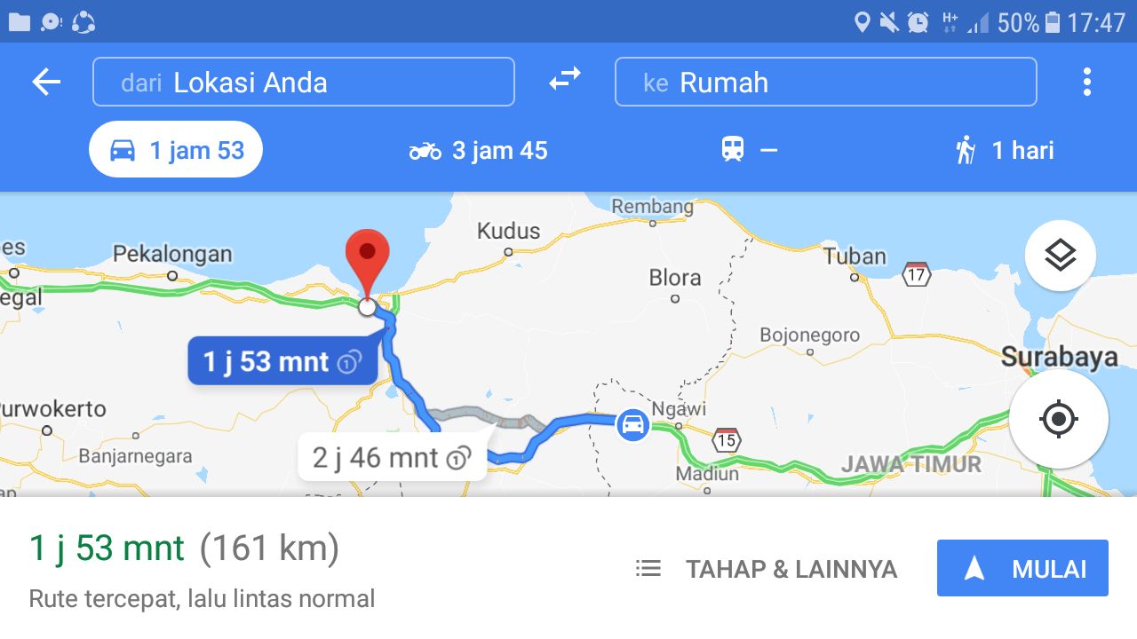Pulangnya lewat Ngawi, jalan tol Ngawi-Semarang 1 jam 53 menit. (SC Google Map).