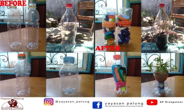 Foto 3_Before -After, memanfaatkan botol bekas menjadi tempat pensil, pulpen dan kunci. Selain itu juga memanfaatkan botol bekas menjadi pot bunga. Foto dok. Yayasan Palung