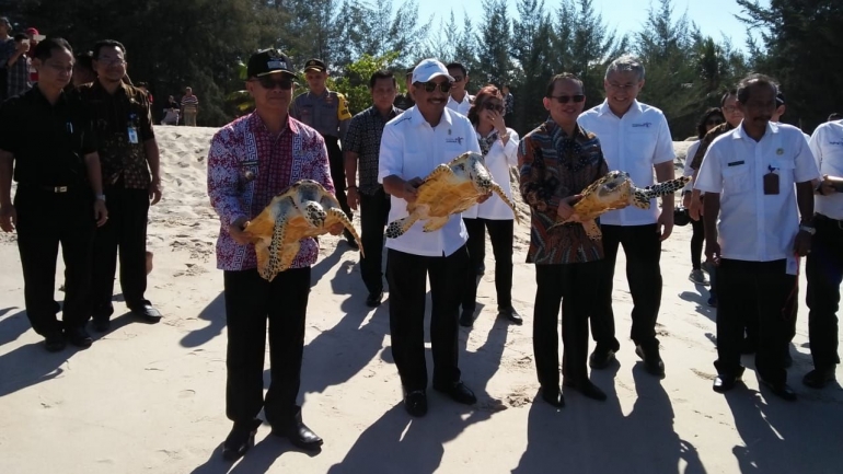 Menpar Arief Yahya (bertopi putih) didampingi Wakil Bupati Bangka Syahbudin melepas penyu di pantai Tikus Emas Sungailiat (dok WA Bangka Bermartabat) 