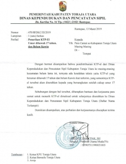 surat yang dikeluarkan Disdukcapil Terkait pemilik E-KTP yang belum cukup umur - dokpri