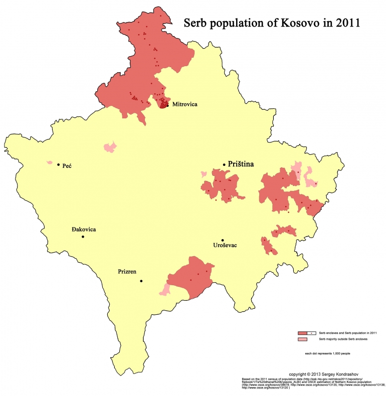 Enklave Serbia diantara mayoritas Albania di Kosovo yang ditunjukkan warna merah. (Wikipedia).
