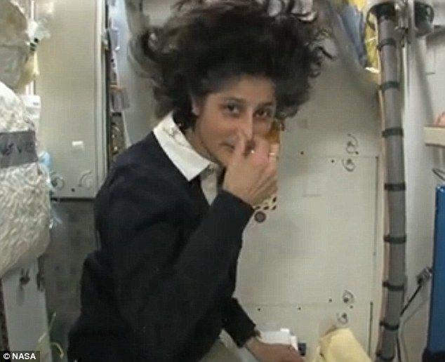 Stinky: Former International Space Station commander Suni Williams demonstrates the orbiter's smallest room in space in a Nasa video (https://www.dailymail.co.uk)