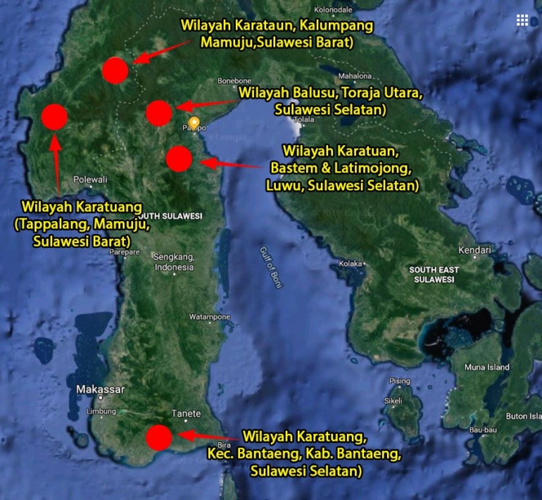 beberapa wilayah dengan nama karatuan di pulau Sulawesi. (Dokpri)
