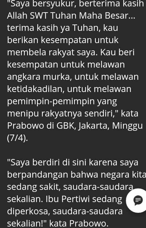 Cuplikan pidato prabowo di kampanye akbar,minggu(7 april 2019) sumber : detiknews selasa(9 april 2019)