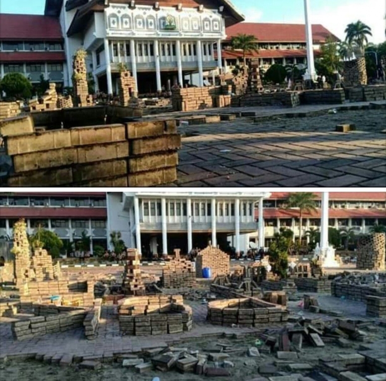 Penampakan halaman Kantor Gubernur Aceh, paving blok telah dicopot oleh massa pengunjuk rasa dan dibuat miniatur makam Plt Gubernur Aceh, Nova Iriansyah | Sabri Ramli