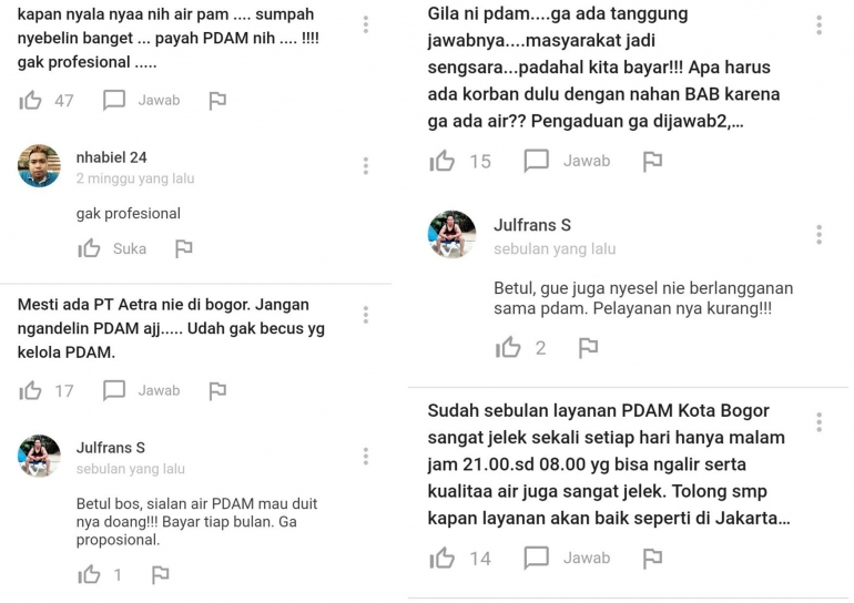 Capture keluhan pelanggan PDAM Tirta Pakuan di Google