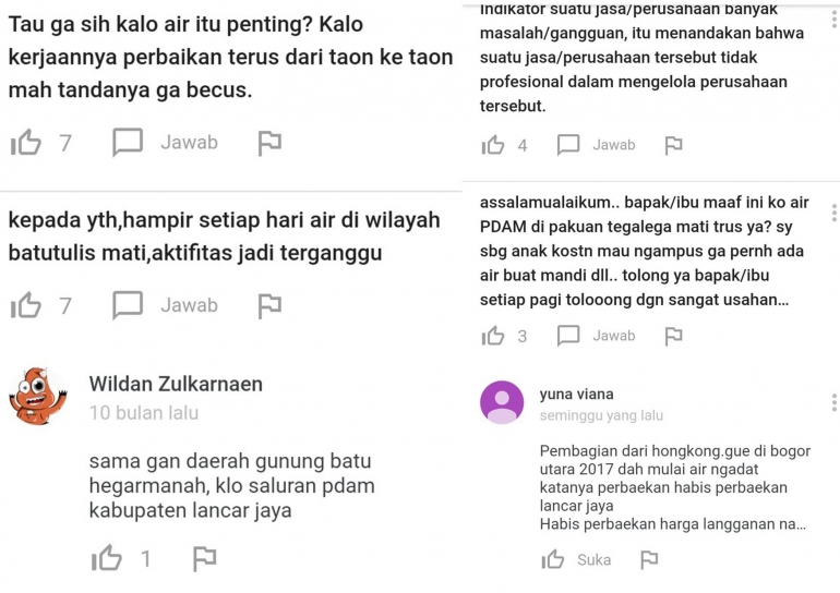 Capture keluhan pelanggan PDAM Tirta Pakuan di Google