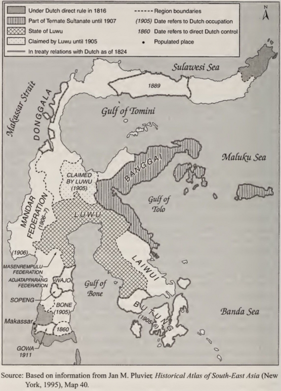 Pada peta ini terlihat sebagian wilayah Sulawesi tenggara masuk dalam wilayah kedatuan Luwu. ((sumber: William H. Frederick & Robert L. Worden. Indonesia: a country study. Federal Research Division Library of Congress, 2011. hlm. 32) )