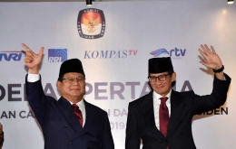 Prabowo-Sandi saat debat pertama pilpres 2019 (sumber foto: Antara Foto/Aprilio Akbar)
