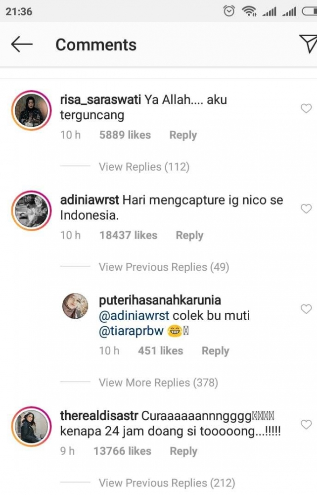 Respon para artis terhadap postingan Nicholas Saputra. Sumber IG @Nicholassaputra
