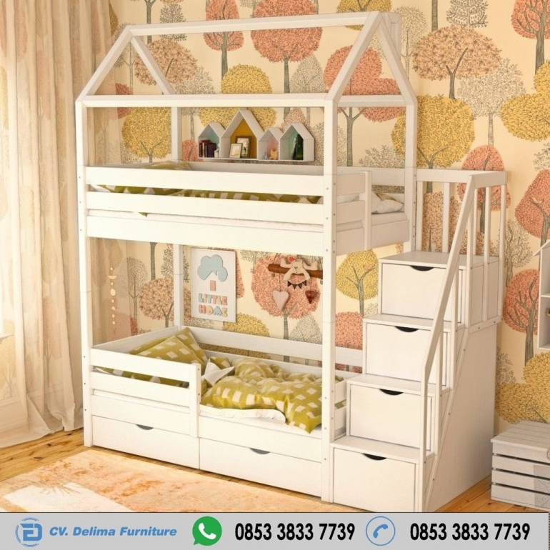 Tempat Tidur Tingkat Warna Putih, Ranjang Susun Cat Duco,Kasur Anak Tingkat