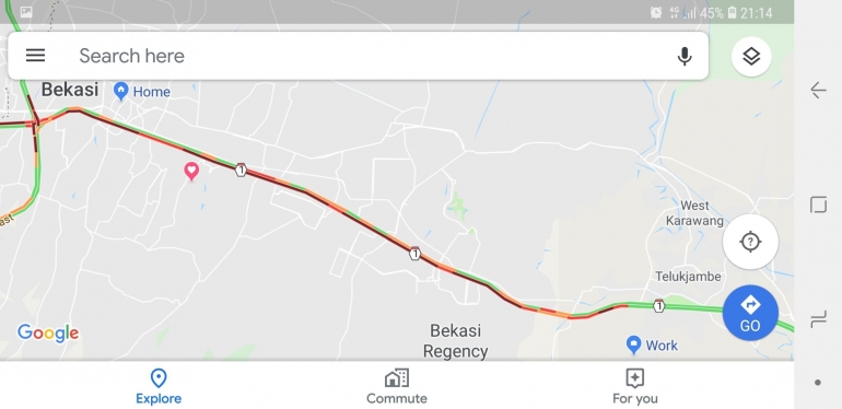 Tampilan familiar dari Google maps jalur Karawang (disebelah kanan sekitar icon work) sampai Bekasi (kiri icon home) sepanjang 44 km didominasi merah gelap. Doc pribadi