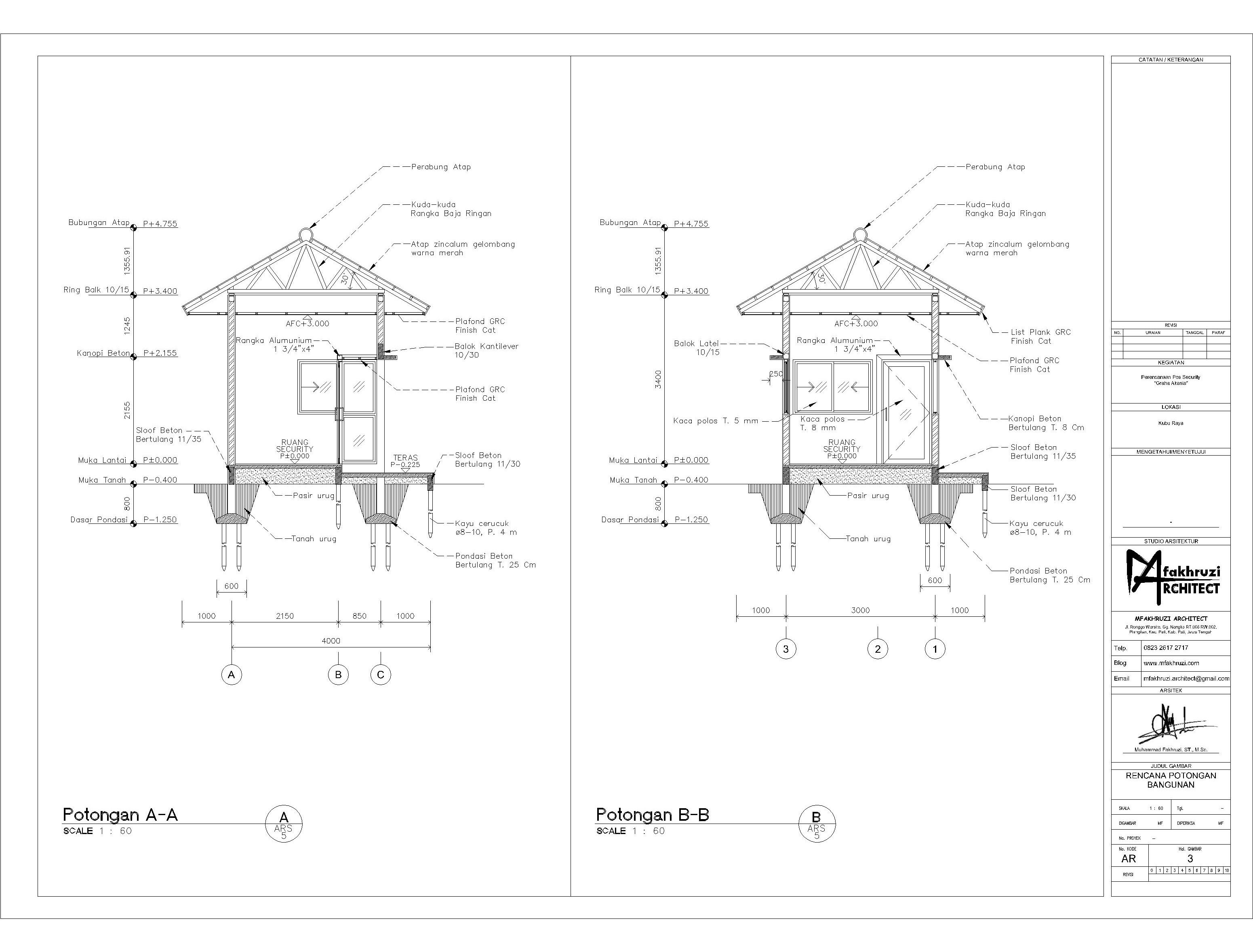 Gambar design tampak potongan bangunan pos security (sumber: mfakhruzi.com)