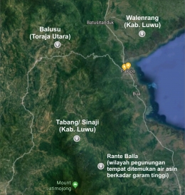 pada peta terlihat jika Tabang/ Sinaji sebagai titik awal munculnya keluarga Sailendra cukup berdekatan letaknya dengan Rante Balla (tempat ditemukannya sumber air garam), Balusu (tempat dimana Ho-ling pernah berpusat), dan Walerang (yang disebutkan sebagai walaing dalam banyak prasasti di Jawa). (Dokpri)