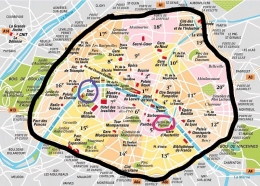 Peta kota Paris. Lingkaran warna fushia adalah letak di mana Masjid Raya Paris berada. Lingkaran berwarna ungu adalah lokasi Menara Eiffel (peta : plandeparis.info)