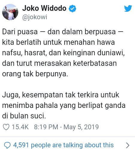 Tanggapan tentang ramadhan oleh Jokowi sumber : twitter/@jokowi