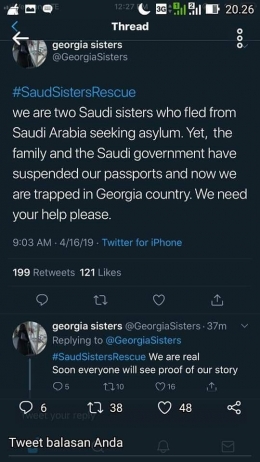 Meha dan Wafa As Sholbie meminta tolong lewat akun twitter @GeorgiaSisters (Dok Pri)